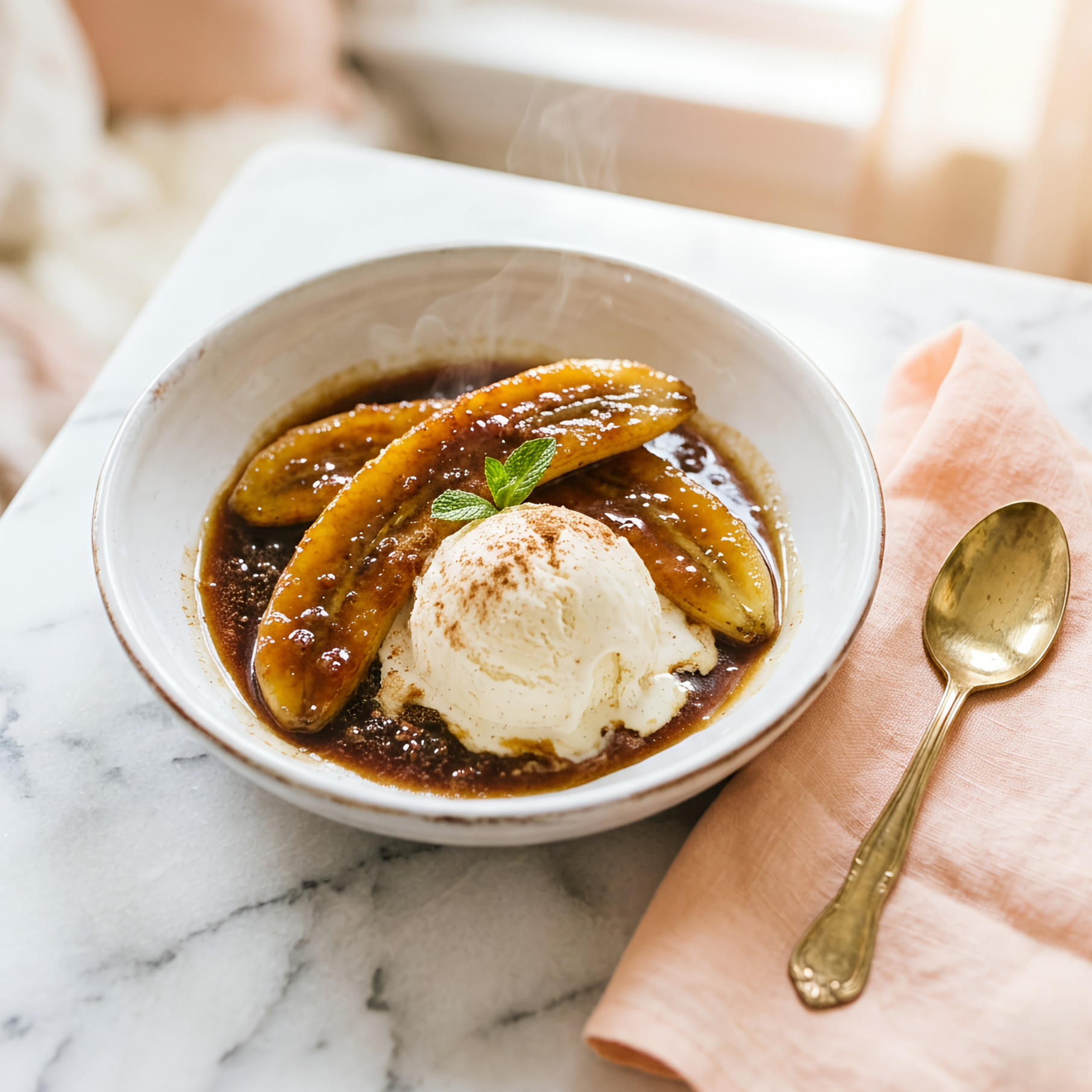 bananas foster recipe easy served over vanilla ice cream in a white bowl