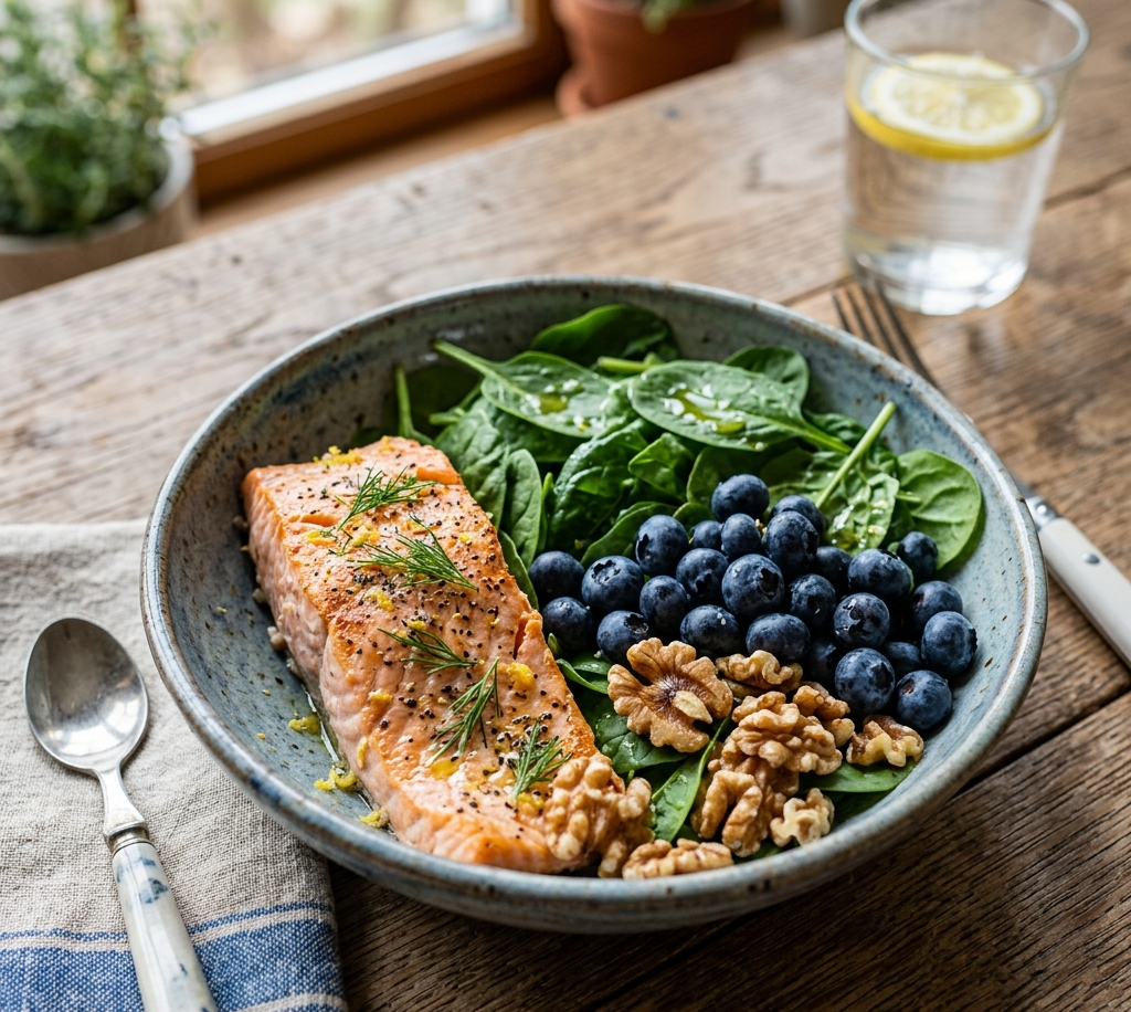 A colorful bowl of anti-inflammatory foods including salmon, blueberries, spinach, and walnuts arranged on a wooden table.